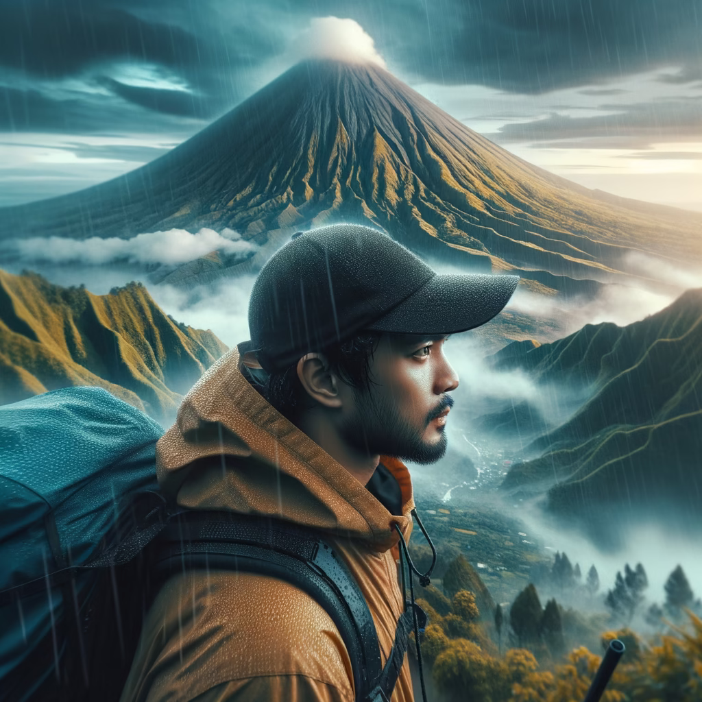 Close-up detail gunung Merapi saat musim hujan: tebing berlumpur, vegetasi basah, dan kabut tipis.