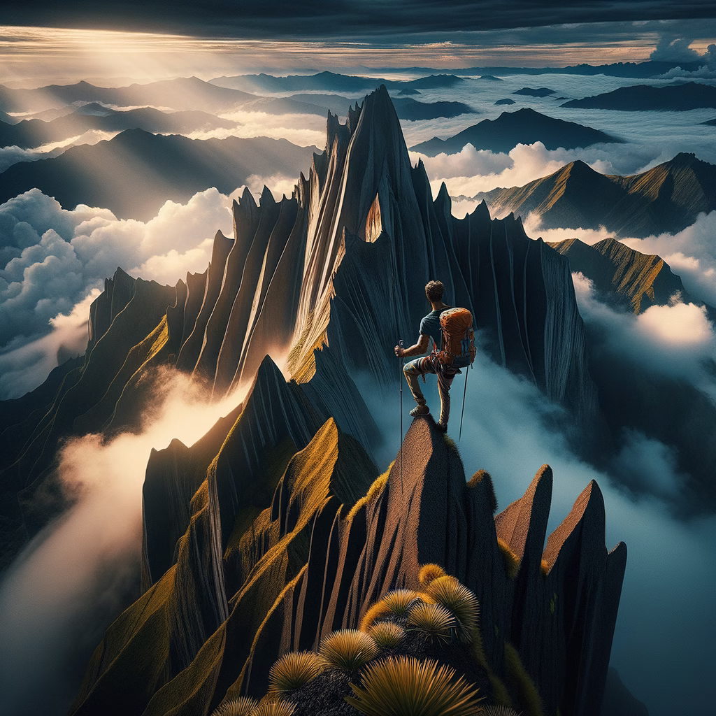 Mendaki Gunung Sumbing untuk pemula: foto ultra-realistis, kualitas majalah, sinematik, pencahayaan dramatis, detail tajam.